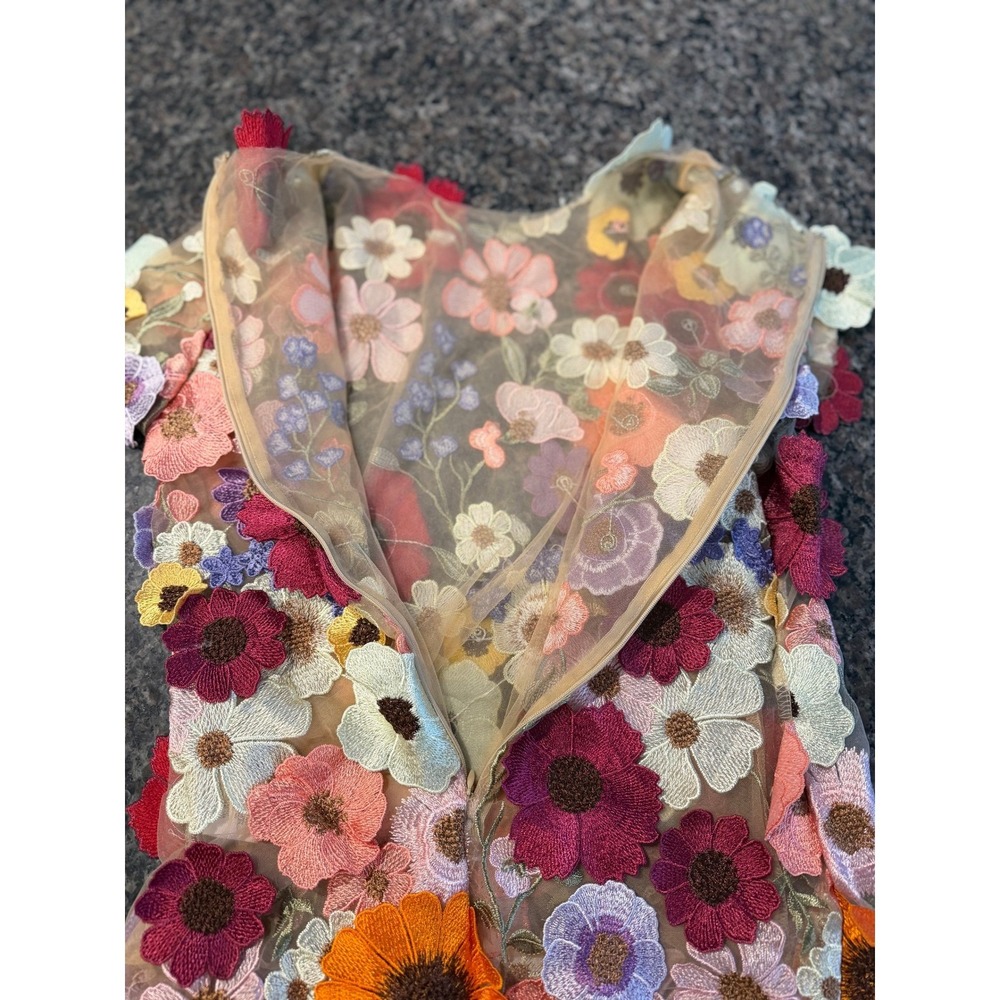Anewsta Floral Embroidered Mesh Top Sheer 3D Flower Applique Blouse Tan Small - Picture 3 of 6